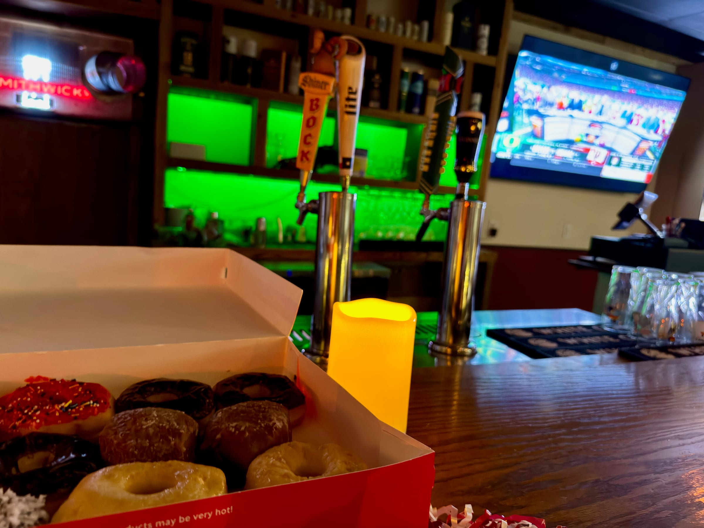 Donuts and the game on television at Hugh O'Connor's